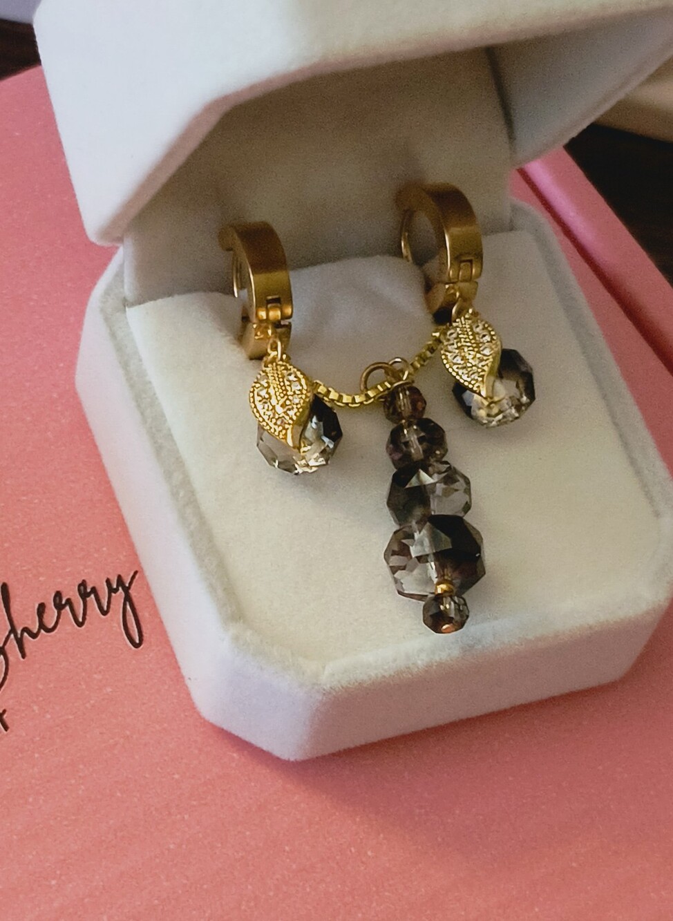 18k Gold Czech Glass Bead Necklace Earring Set - White Roses & Sherry